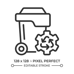 Waste management pixel perfect linear icon. Pollution reduce. Trash disposal can. Resource management, sorting. Thin line illustration. Contour symbol. Vector outline drawing. Editable stroke