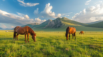 Obraz premium Horses grazing in a paddock, mountains in the background, dynamic and powerful animals in a serene landscape.