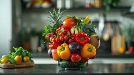 A vase of a bunch of different fruits and vegetables on top of the counter. AI.