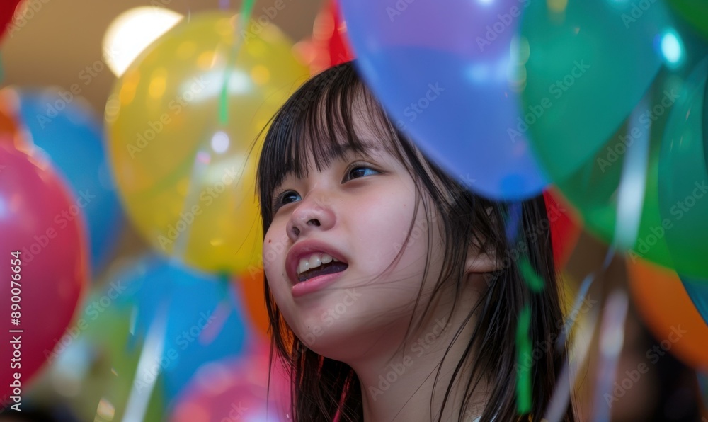 Wall mural A young girl with a smile looking up at balloons. AI.