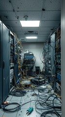 A room with many wires and computers in it. AI.