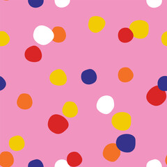 Seamless colorful pattern with multi-colored polka dots, confetti on a pink background, hand drawn illustration