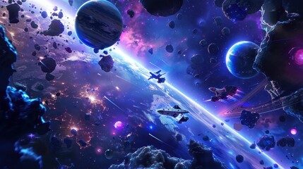 Obraz premium Enthralled Space Addict Amid Floating Planets, Stars, and Satellites in Cosmic Galaxy Experience