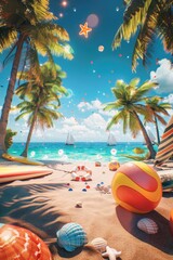 Obraz premium Embracing Paradise: Beach lover surrounded by palm trees, seashells, beach balls, and surfboards in a sunny tropical oasis