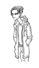 hipster guy irritated guy banner standing jacket line sketch of a guy standing, thinking and waiting. disgruntled angry thin man cartoon character clip art illustration line design people silhouette