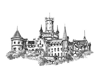 Medieval castle. Hand drawing sketch. Illustration jpg