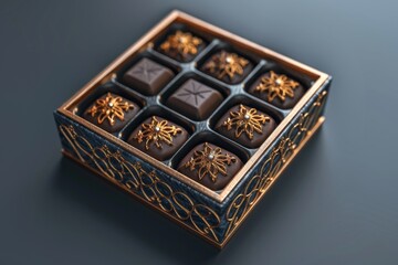 Box of Gourmet Chocolates With Gold Accents on a Dark Surface