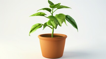 Obraz premium 3D illustration of a green plant growing in a clay pot. The plant has leaves on a stalk and is surrounded by a white background. The illustration is a representation of pottery, growth, and botany. 