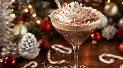 a peppermint mocha martini, topped with whipped cream and crushed candy canes, served in a frosted martini glass with holiday decorations in the background