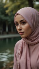 Muslim woman wearing pink hijab standing near lake