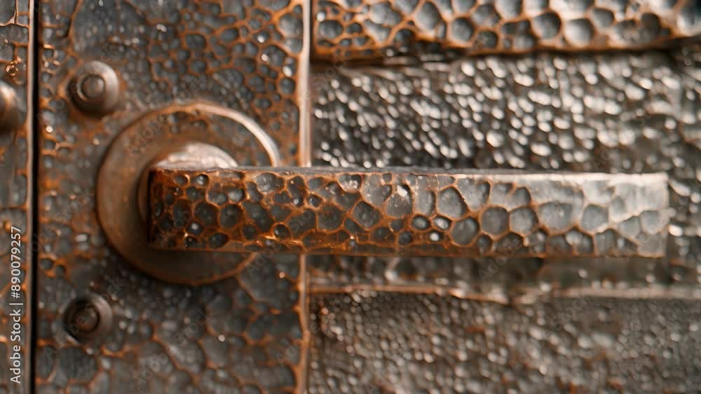 Poster a weathered bronze exterior door handle with a rustic hammered finish and a sy rectangular design.