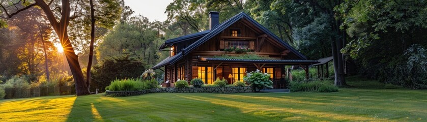Obraz premium Charming Rustic Cabin in a Lush Forest Setting at Sunset with Warm Lights and Green Lawn