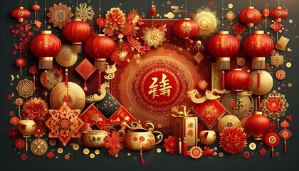 Fototapeta premium The Beauty of Chinese New Year Decorations with Traditional Red Lanterns