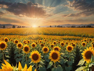 Fototapeta premium Sunflower field background with a sunny glow