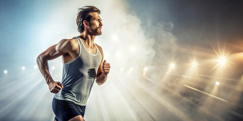 Obraz premium A focused male runner in athletic wear standing in an indoor track, preparing for a race, showcasing determination and fitness