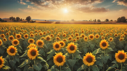 Fototapeta premium Sunflower field background with a sunny glow