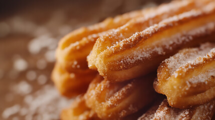 Close-up to a tasty and crunchy Spanish churros with sweet powder and sugar on a plate