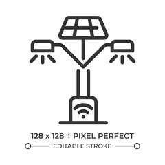 Smart lighting pixel perfect linear icon. Urban city, public light. Illumination control sensors, brightness. Thin line illustration. Contour symbol. Vector outline drawing. Editable stroke