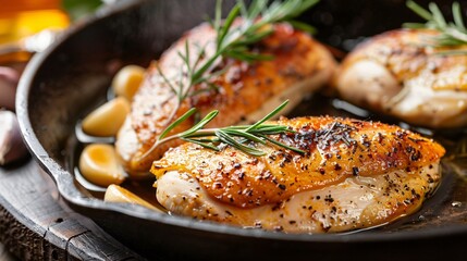 A chicken fillet cooking in a cast iron skillet, with garlic cloves and rosemary sprigs