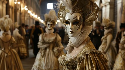 Obraz premium Elegant Masquerade Ball with Ornate Costumes and Masks in a Grand Historic Venue