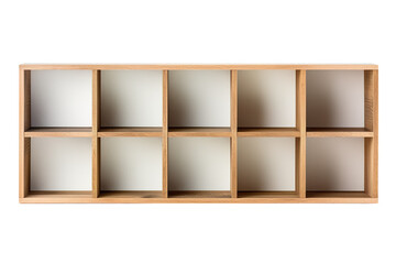 A Wooden Bookcase With Nine Empty Cubbies Ready For Organization on a Clear PNG or White Background.