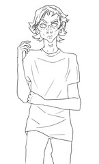  Line sketch of guy standing, thinking and waiting. disgruntled angry thin man cartoon character for illustration. depressed boy in t-shirt freehand drawing young male with tunnels and long hair