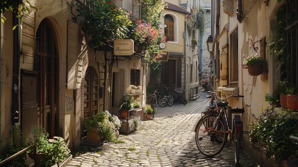 Obraz premium A cobblestone street winding through an old European village, with charming cafes, flower-filled window boxes, and bicycles leaning against the walls.