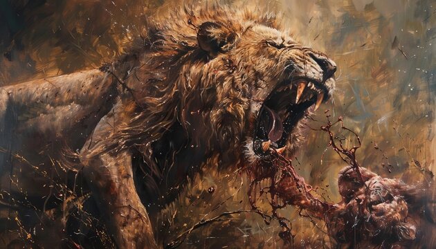 Fierce lion in a dramatic, intense battle scene, showcasing wild primal strength and raw animalistic power in a natural environment.