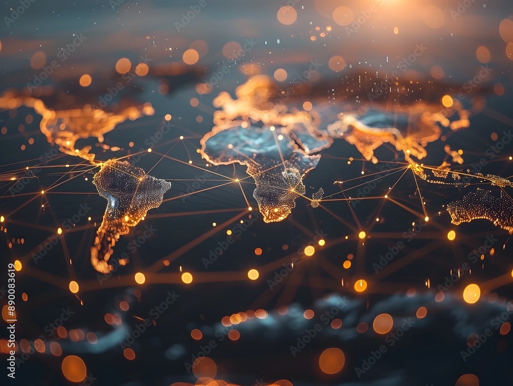 Poster global digital network map with connecting lines illustrating international business communication a