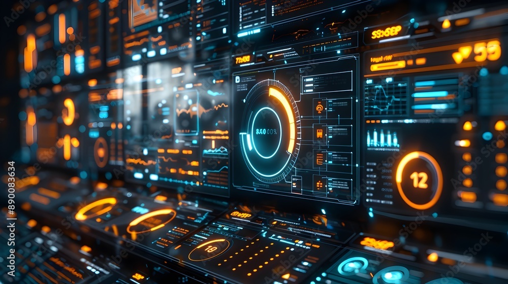 Poster futuristic holographic interface displaying business analytics and data charts