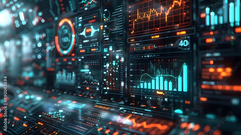Poster futuristic holographic business analytics dashboard with digital communication tools