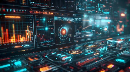 Obraz premium Futuristic Holographic Interface Displaying Business Analytics and Digital Communication Tools