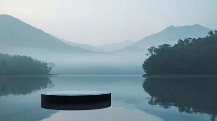 A beautiful mountain lake with a forest backdrop and a circular platform in the foreground for product display