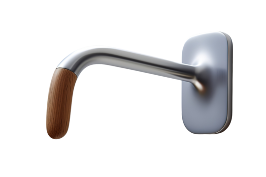 A Modern, Sleek Metal Handrail With a Wooden Grip, Designed for Accessibility and Style on a Clear PNG or White Background.
