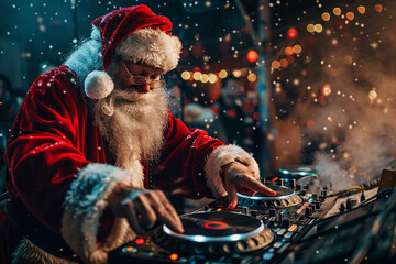 Santa claus dj playing music on turntable in the party