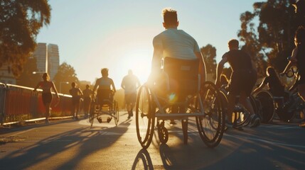 Inspirational Group of Athletes in Wheelchairs Racing Towards the Sunlight in an Urban Park Setting