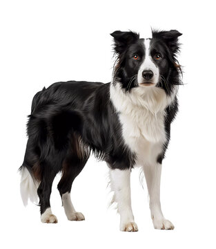 typical black with white Border Colie dog, standing on the ground, handsome, dignified
