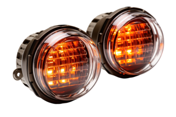 Two Round Amber LED Lights Glowing Brightly on White Background on a Clear PNG or White Background.