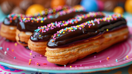 Appetizing photo of a chocolate éclair pastry with delicious colored sprinkles on a vibrant plate