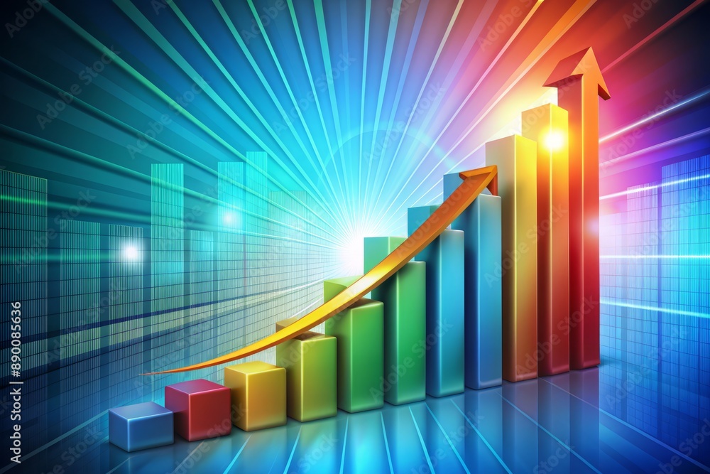 Poster vibrant 3d bar graph chart displaying remarkable growth with ascending arrow, symbolizing success an