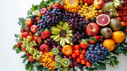 Vibrant Assortment of Fresh Fruits Including Grapes, Strawberries, Kiwis, and Oranges on a White Background