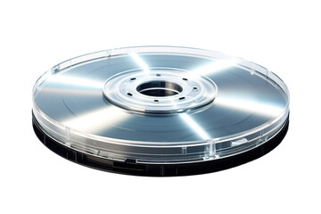 A Shiny Silver Data Storage Disk Reflecting Light on a Clear PNG or White Background.