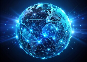 Obraz premium A futuristic globe with glowing blue lines and nodes representing interconnected cities, symbolizing a unified global communication network and infinite business opportunities.