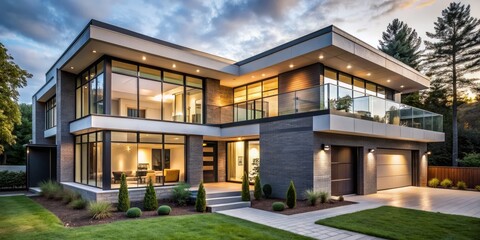 Fototapeta premium Modern house reconstruction features sleek lines, expansive windows, and bold accents, seamlessly merging innovative design with elegant proportions for a sophisticated architectural icon.