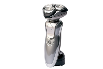 A Sleek, Silver Electric Razor With Four Rotating Blades Ready for a Close Shave on a Clear PNG or White Background.