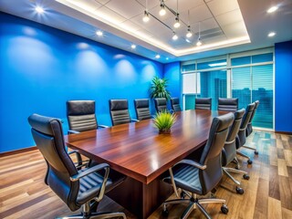 Fototapeta premium Successful corporate setting features a polished empty conference room with a large table, leather chairs, and a bright blue wall, ideal for adding a smiling businesswoman.