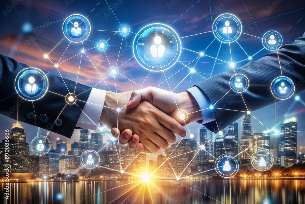 Poster diverse global connections symbolized by interconnected glowing circles and handshakes surrounding a