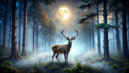 Majestic deer stands vigilant in a mystical forest, bathed in soft, ethereal moonlight, surrounded by towering trees and a carpet of misty fog.