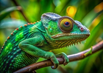 Obraz premium Vibrant green chameleon clinging to curved branch, its eyes scanning surroundings, its scaly skin blending with leafy foliage in natural, serene forest setting.