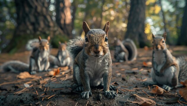 Squirrels on alert! A curious bunch gathers in the forest, fixated on the camera
